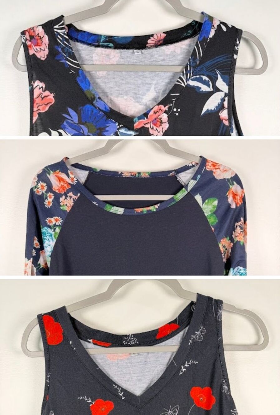 Lot of 3 Womens Floral Tops L V-Neck Tanks Raglan 3/4 Sleeve Tee Black Navy